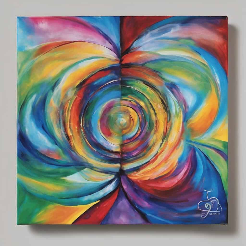 Πολύχρωμη αφηρημένη ζωγραφιά με κυκλικές γραμμές και δυναμική αίσθηση.