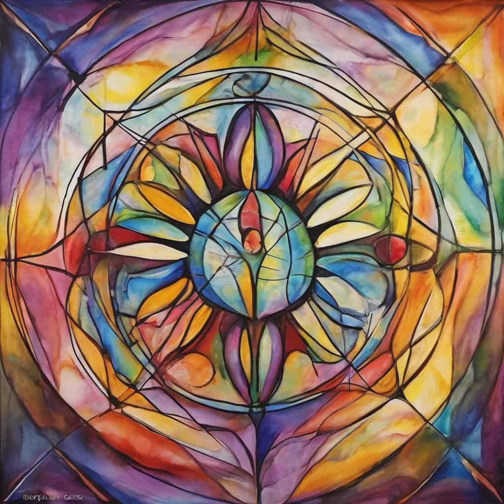 Πολύχρωμη αφηρημένη τέχνη με γεωμετρικά μοτίβα και ζωηρά χρώματα.