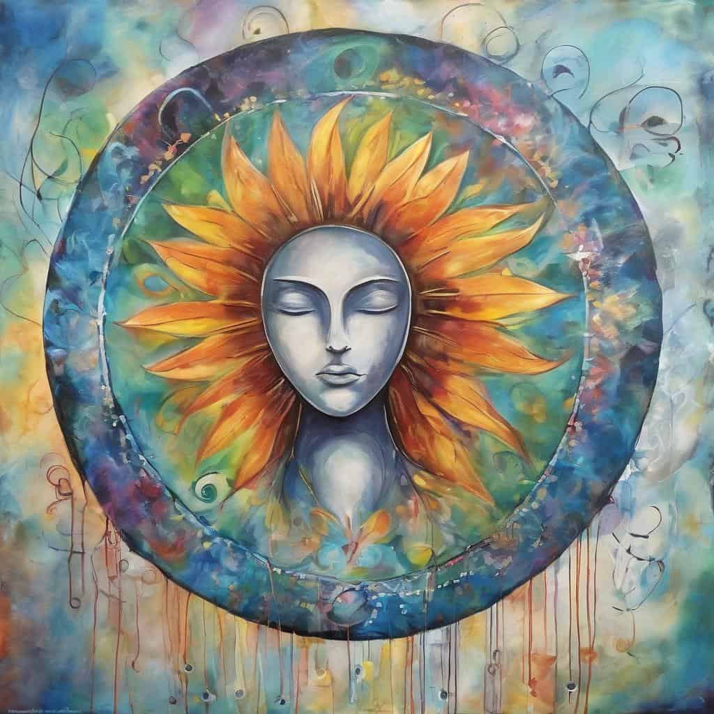 Εικόνα μιας γυναικείας μορφής με ηλιακά στοιχεία, έκφραση εσωτερικής γαλήνης.