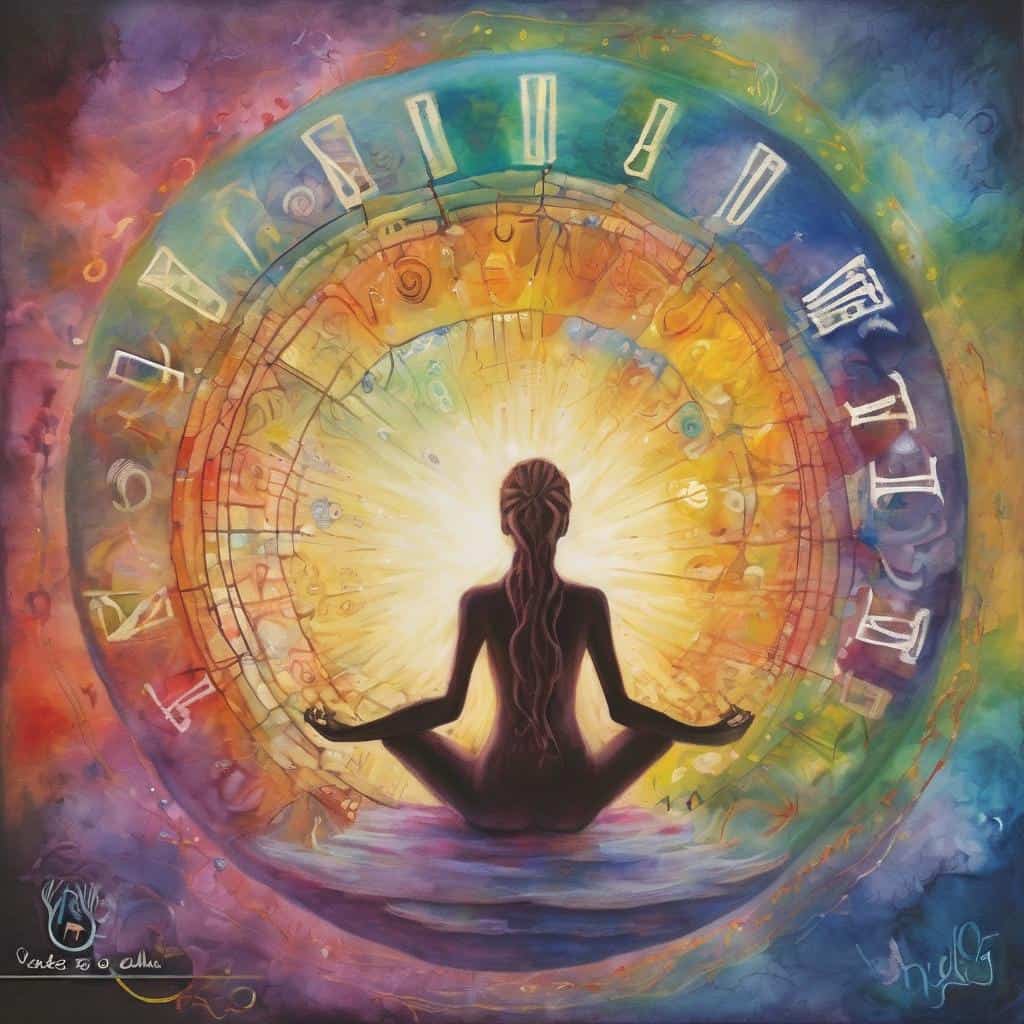 Εικόνα μιας γυναίκας σε διαλογισμό με πολύχρωμο ρολόι και φωτεινό φως.