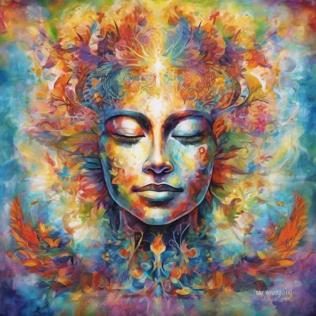 Ζωγραφική με πνευματικά και ψυχικά στοιχεία, εκφράζει ηρεμία και εσωτερική γαλήνη.